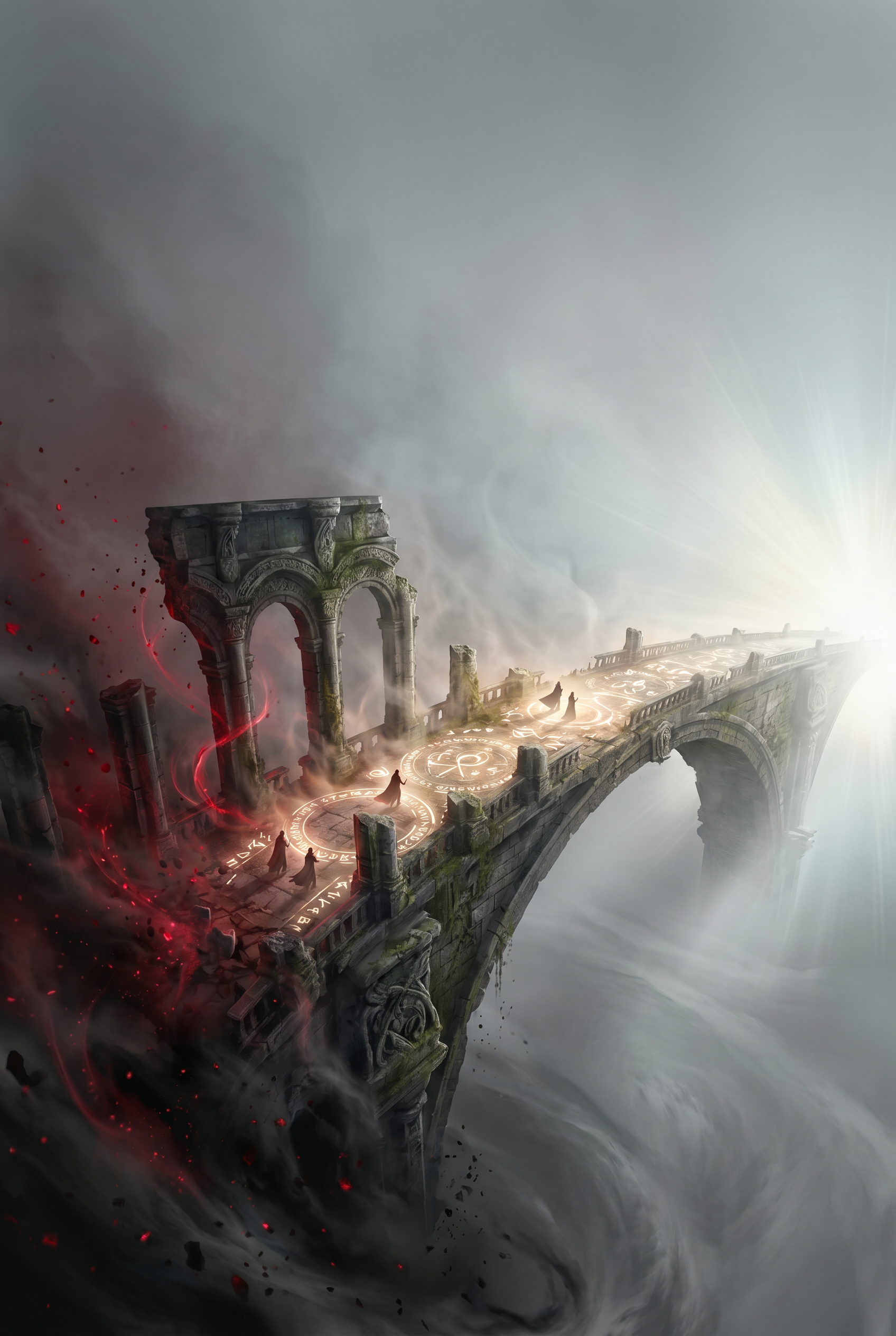 Surreal book cover illustration — massive curving bridge over infinite void